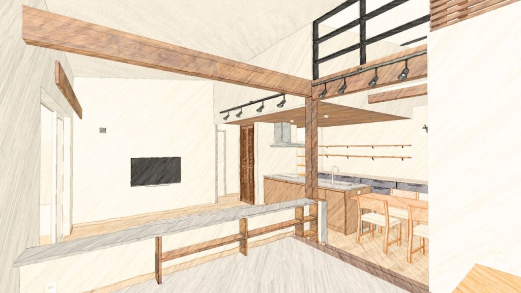 岡崎市の注文住宅、平屋の完成見学会で体感できるLDKの内観パース。勾配天井と梁見せ、アイアンの手すりが特徴的なブルックリンスタイルの空間。
