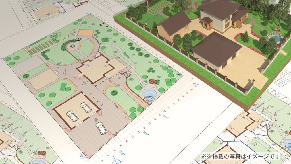 注文住宅の敷地を有効活用するための配置計画図と完成イメージパース。広い土地に、将来もう一棟建てられるスペースを確保したレイアウト。