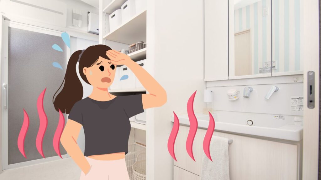 お風呂上がりの脱衣所で、暑さのあまり汗をかき、困った表情を浮かべている女性のイラスト。背景には、くらはし建築が手掛けた清潔感のある洗面脱衣所が写っており、多くの人が経験する夏の暮らしの「不快」を象徴している一枚。