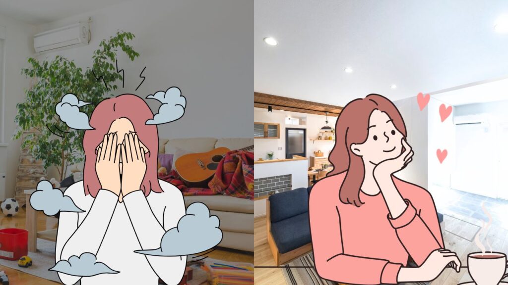 散らかった部屋で頭を抱える女性と、整った快適な家でリラックスする女性の対比イラスト