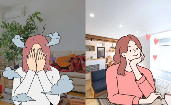 散らかった部屋で頭を抱える女性と、整った快適な家でリラックスする女性の対比イラスト