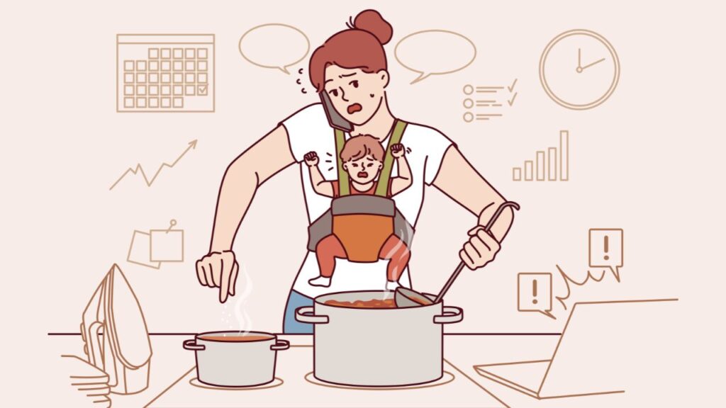 赤ちゃんを抱っこしながら、料理、電話、パソコン作業を同時にこなす、時間に追われる共働きの女性のイラスト