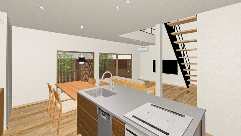 岡崎市竜美台の家 完成見学会でご覧いただけるLDKの完成予想図。木のダイニングとⅡ型キッチンから、プライバシーに配慮された庭の景色が広がる、心地よい空間です。